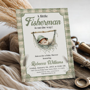 Kleiner Fischer Gingham-Junge Fischen Baby-Party Einladung