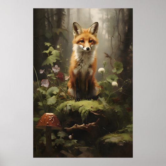 Kleiner Fuchs im Wald Wandbild, Botanisch Dunkel Poster (Vorne)