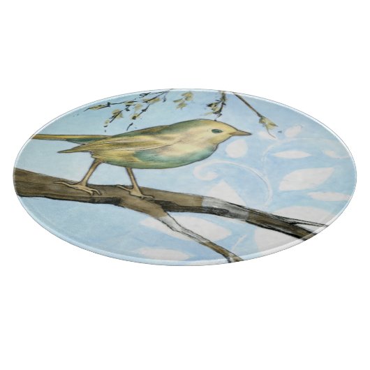 Kleiner Gelbbvogel auf einem Zweig nach oben Schneidebrett (Ecke)