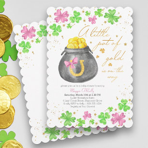 Kleiner Goldtopf Rosa Grüner Kleeblatt-Baby-Shower Einladung