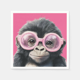 Kleiner Gorilla mit rosa Brille - rosa Hintergrund Serviette