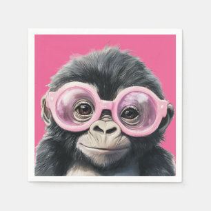 Kleiner Gorilla mit rosa Brille - rosa Hintergrund Serviette