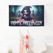 Kleiner grimmiger Sensenmann mit Candy Happy Hallo Banner (Insitu)