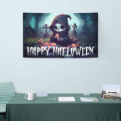 Kleiner grimmiger Sensenmann mit Candy Happy Hallo Banner (Messeveranstaltung)