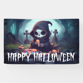 Kleiner grimmiger Sensenmann mit Candy Happy Hallo Banner