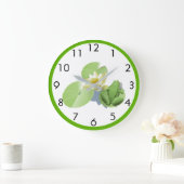 Kleiner grüner Frosch, der auf einer Große Wanduhr (Zuhause)