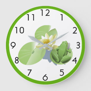 Kleiner grüner Frosch, der auf einer Große Wanduhr