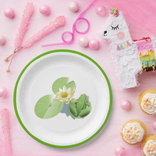 Kleiner grüner Frosch sitzend auf einem Lilienpad Pappteller (Party)