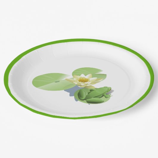 Kleiner grüner Frosch sitzend auf einem Lilienpad Pappteller (Schrägansicht)