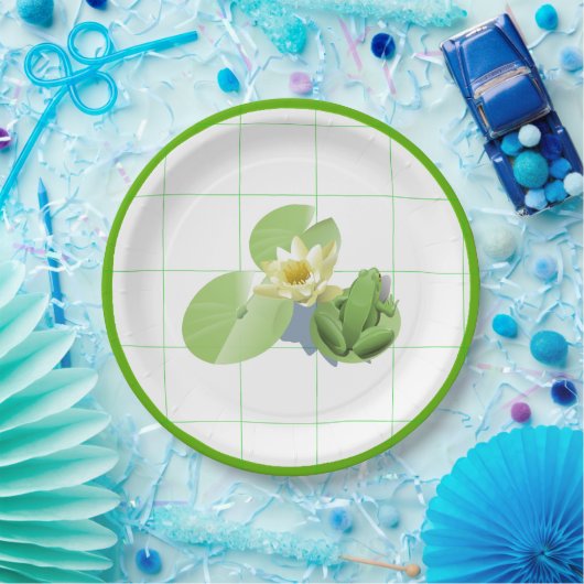 Kleiner grüner Frosch sitzend auf einem Lilienpad Pappteller (Party)