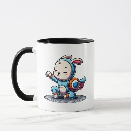 Kleiner Held-Hase in blauem Anzug. Tasse (Links)
