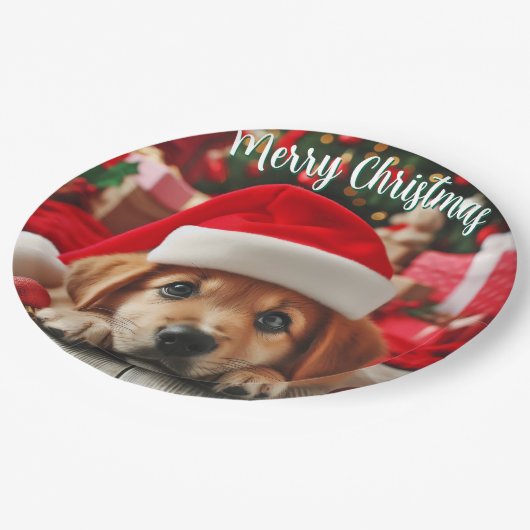 Kleiner Helfer-Welpe des Weihnachtsmanns Pappteller (Schrägansicht)