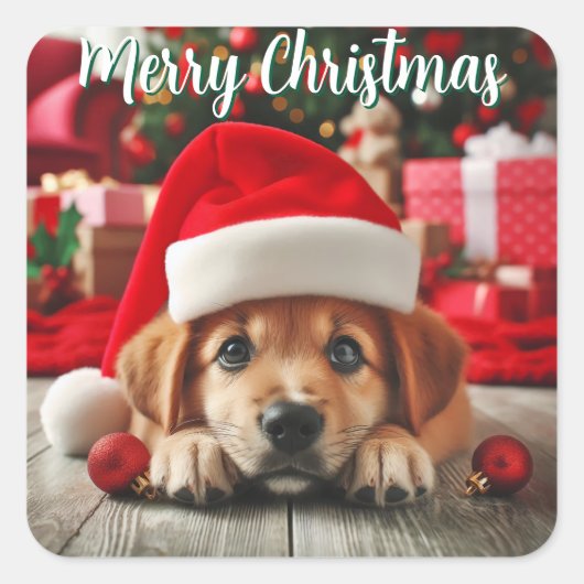 Kleiner Helfer-Welpe des Weihnachtsmanns Quadratischer Aufkleber (Vorderseite)