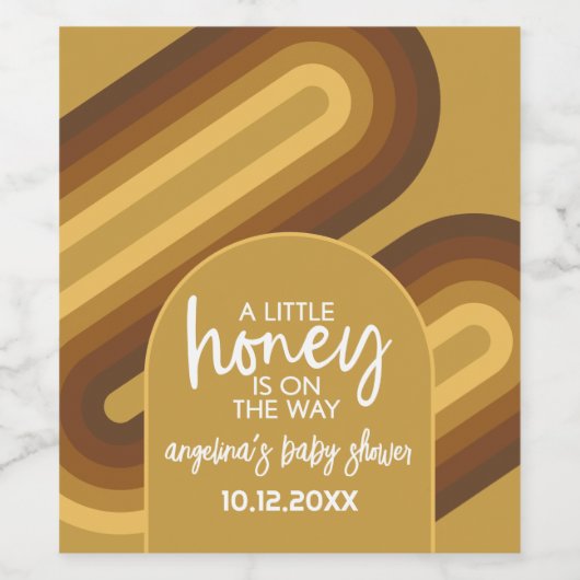 Kleiner Honig auf dem Weg Retro Stripes Babydusche Weinetikett (Einzelnes Label)