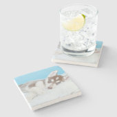 Kleiner Husky-Welpe auf einer Blankette Steinuntersetzer (Seitenansicht)