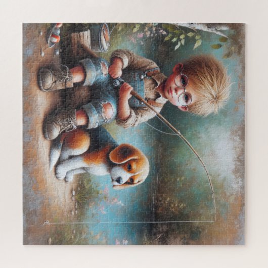 Kleiner Junge Angeln mit Beagle Puzzle (Horizontal)