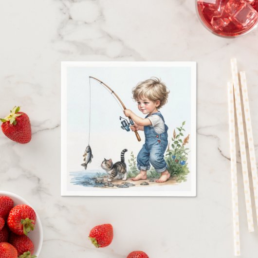 Kleiner Junge Angeln mit Kitten Serviette (Beispiel)