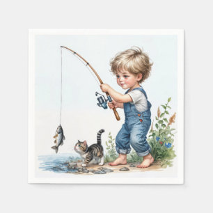 Kleiner Junge Angeln mit Kitten Serviette