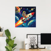 Kleiner Junge auf einem Raketenschiff, der durch d Poster (Heimbüro)