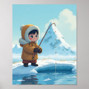 Kleiner Junge beim Eisfischen Poster