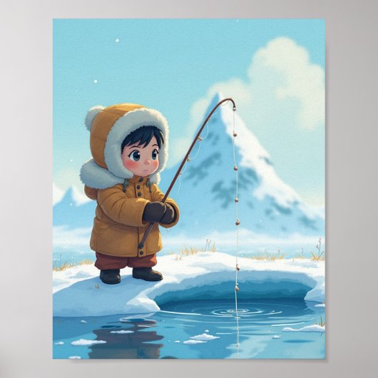 Kleiner Junge beim Eisfischen Poster (Vorne)