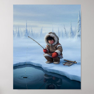 Kleiner Junge beim Eisfischen Poster