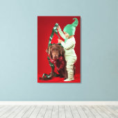 Kleiner Junge, der einen Hund schmückt Leinwanddruck (Insitu (Holzboden))