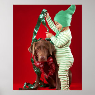 Kleiner Junge, der einen Hund verziert Poster