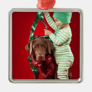 Kleiner Junge, der einen Hund verziert Silbernes Ornament