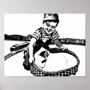 Kleiner Junge, der mit Vintager Kunst und Tracht s Poster