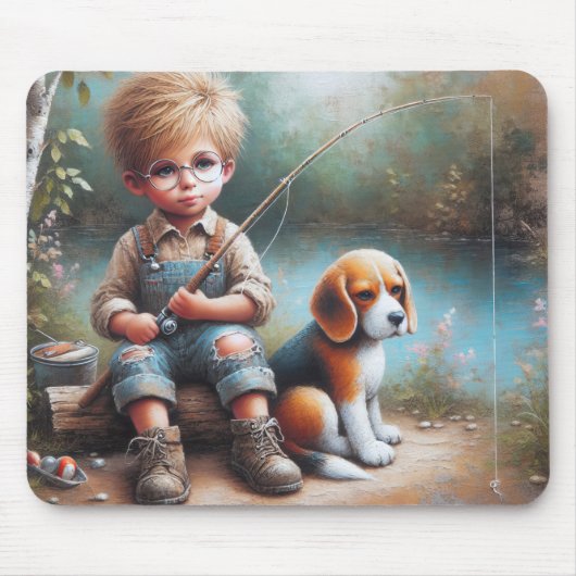 Kleiner Junge fischen mit seinem Beagle Mousepad (Vorne)