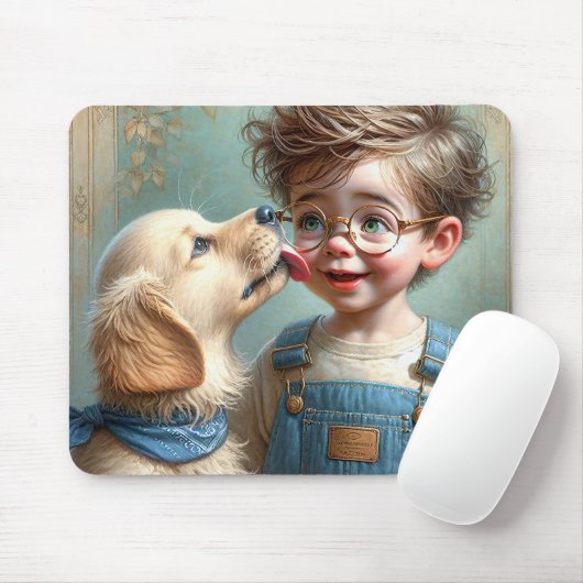 Kleiner Junge geküsst von Golden Retriever Puppy Mousepad (Mit Mouse)