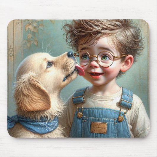 Kleiner Junge geküsst von Golden Retriever Puppy Mousepad (Vorne)