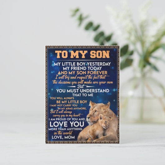 Kleiner Junge gestern Freunde heute Löwe Mama zu S Postkarte (Stehend Vorderseite)