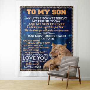 Kleiner Junge gestern Freunde heute Löwe Mama zu S Wandteppich