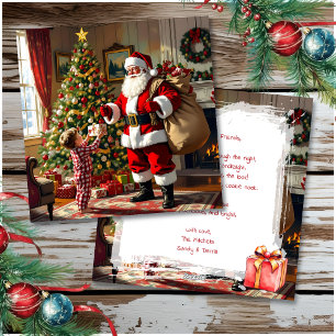 Kleiner Junge gibt Santa ein Weihnachtsgeschenk Feiertagskarte
