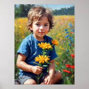 Kleiner Junge im Bereich der Blume Malerei Poster
