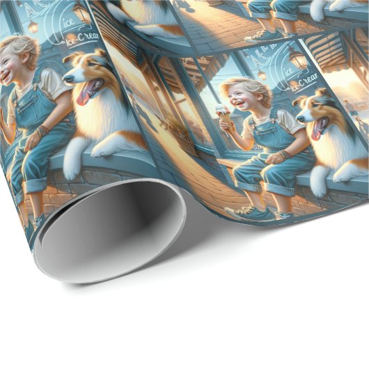 Kleiner Junge isst Eiscreme Geschenkpapier (Rolleneckpunkt)