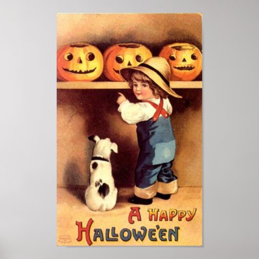 Kleiner Junge mit Hund und Pumpkins Poster (Vorne)