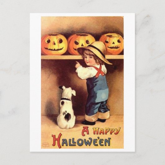 Kleiner Junge mit Hund und Pumpkins Postkarte (Vorderseite)
