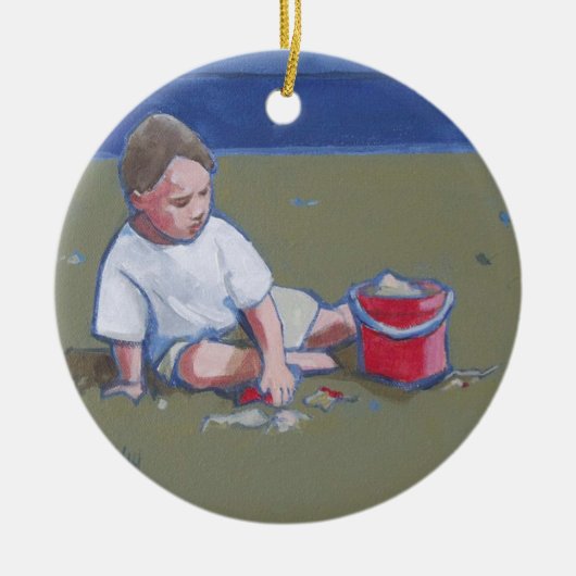 Kleiner Junge mit Sandcastle und Beach Bucket Keramikornament (Vorne)