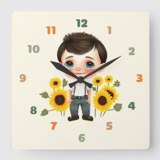 Kleiner Junge mit Sonnenblumen Quadratische Wanduhr (Vorderseite)
