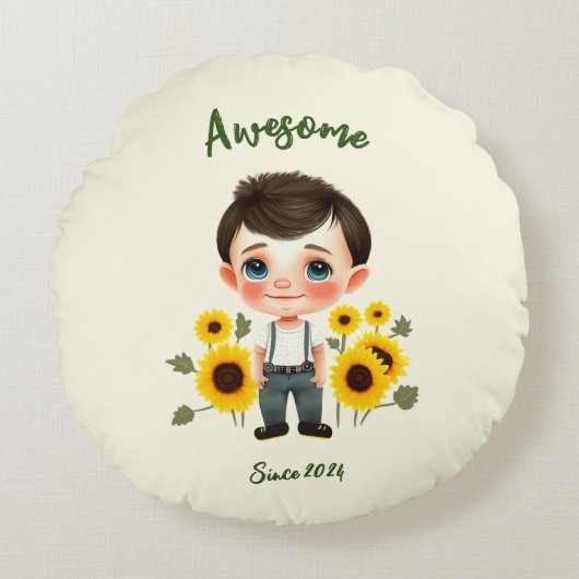 Kleiner Junge mit Sonnenblumen Rundes Kissen (Vorderseite)
