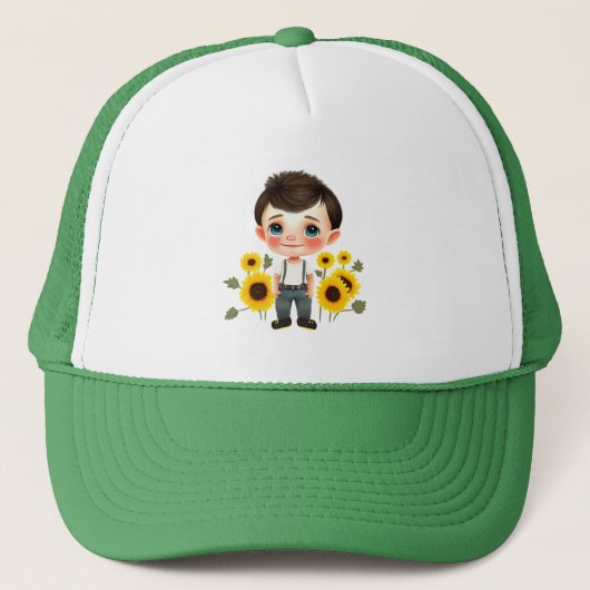 Kleiner Junge mit Sonnenblumen Truckerkappe (Vorderseite)