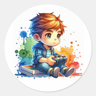 Kleiner Junge spielt Videospiele Runder Aufkleber