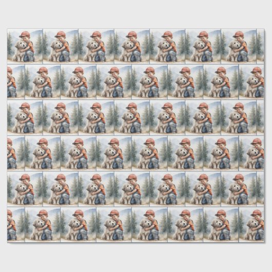 Kleiner Junge umarmt Hund in Wasserfarbe Geschenkpapier (Flach)