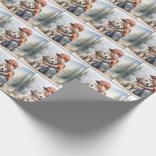 Kleiner Junge umarmt Hund in Wasserfarbe Geschenkpapier (Ecke)
