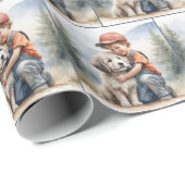 Kleiner Junge umarmt Hund in Wasserfarbe Geschenkpapier (Rolleneckpunkt)