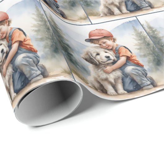 Kleiner Junge umarmt Hund in Wasserfarbe Geschenkpapier (Rolleneckpunkt)