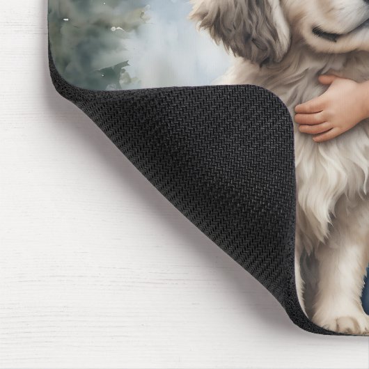 Kleiner Junge umarmt Hund in Wasserfarbe Mousepad (Ecke)